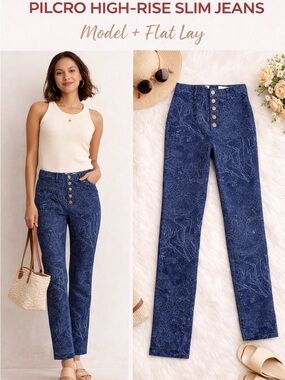 Pilcro Anthropologie High Rise Slim Jeans Floral Botanical Print Blue 27